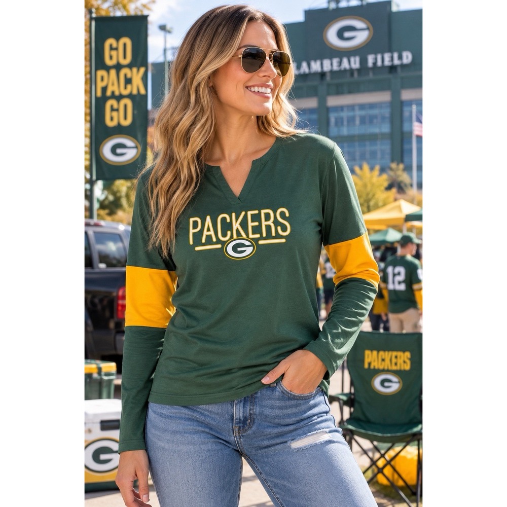 Green Bay Packers NFL Team Apparel Womens L Long Sleeve V Neck Shirt NWT